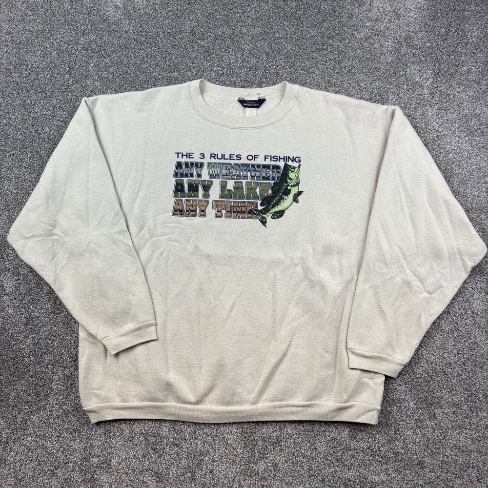 Vintage Woolrich Sweatshirt Mens XL Beige 3 Rules of Fishing Any Weather Any Day